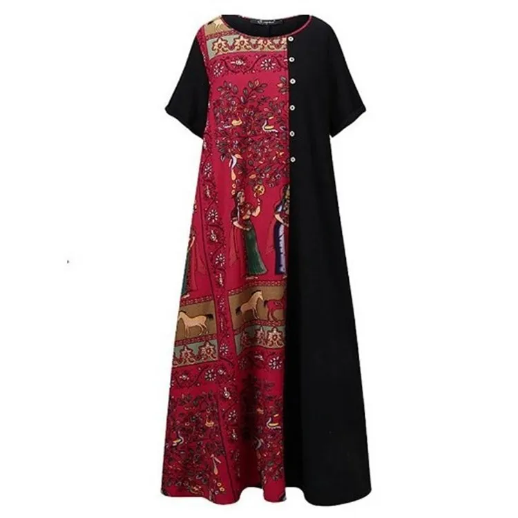 

2021 Summer New Style Women's Cotton Linen Retro Printing Hit Color Round Neck Loose Short-sleeved Women's Long Dress