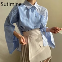 korean fashion women autumn shirts stripe patchwork irregular stitching beveled single breasted flare sleeve plus size shirts