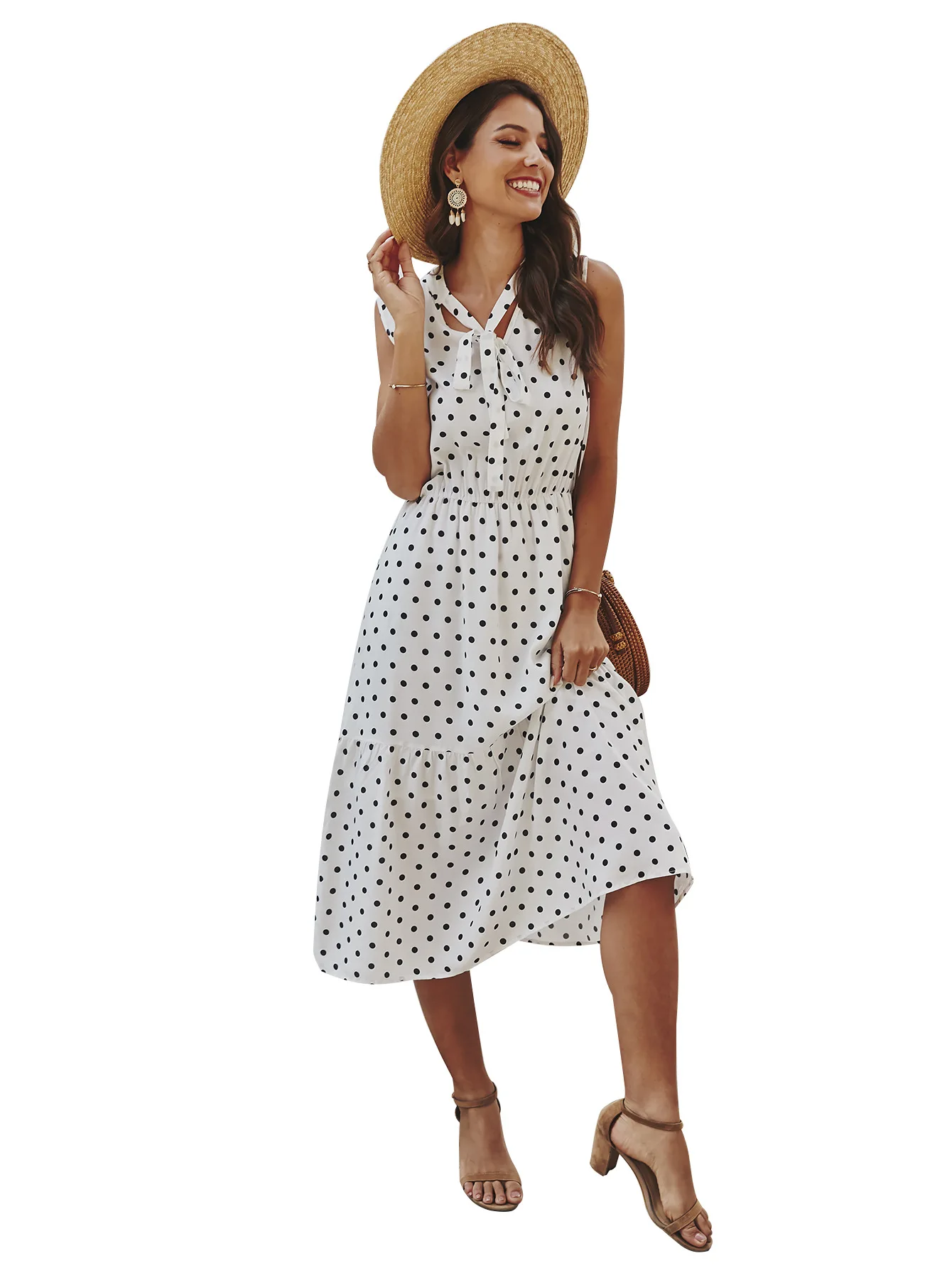 

Knee Length Midi Polka Dot Dress Women Slim Waist Summer Dresses Casual Sleeveless Lace Up V Neck Elegant White Leisure Wear New