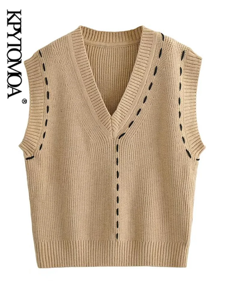 

KPYTOMOA Women Fashion Contrast Oversized Knit Vest Sweater Vintage V Neck Sleeveless Female Waistcoat Chic Tops