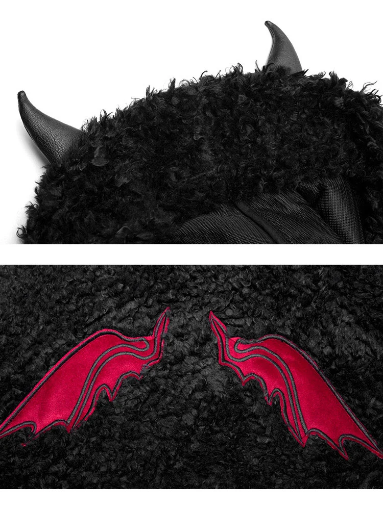 

PUNK RAVE Girl's Gothic Black Woollen Devil Horns Bat Wings Embroidered Capes Women Hooded Winter Cape