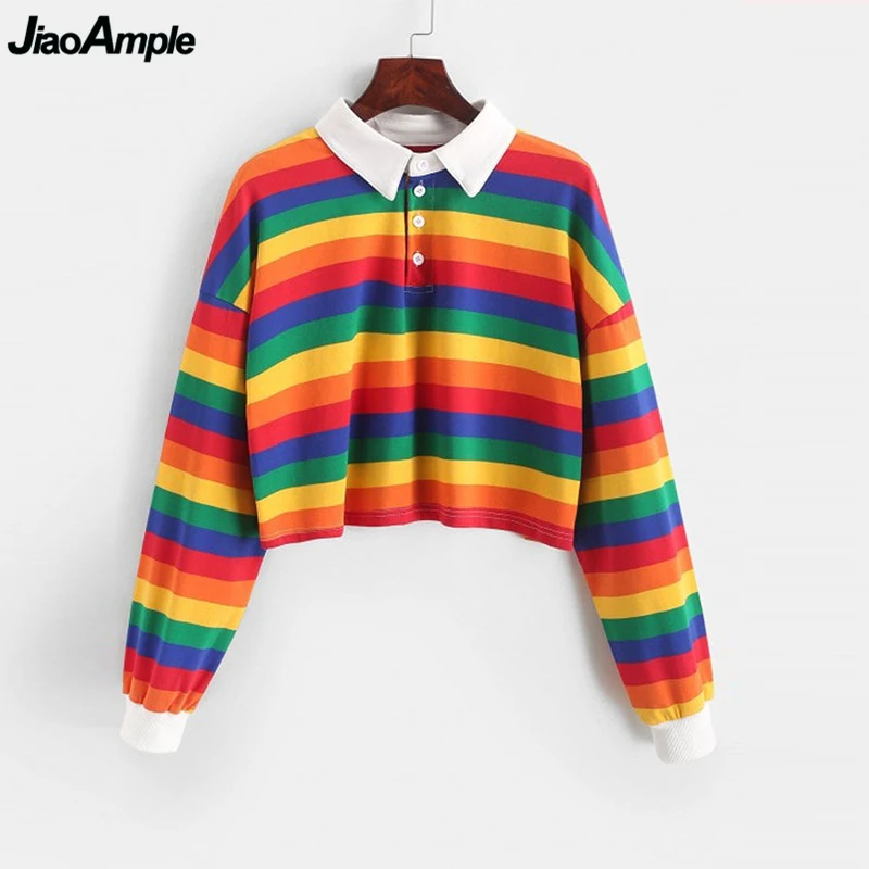 

Новинка осени 2020, полосатая женская рубашка поло для девочек, студенческая мода, радужная Короткая Толстовка с длинным рукавом, Женская кур...