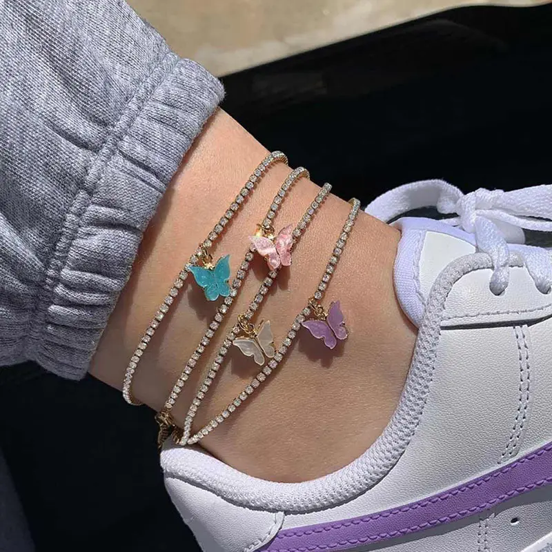 

Flatfoosie Bling Rhinestone Cherry Butterfly Anklet for Women Luxury Crystal Chain Anklet Bracelet Beach Barefoot Chain Jewelry