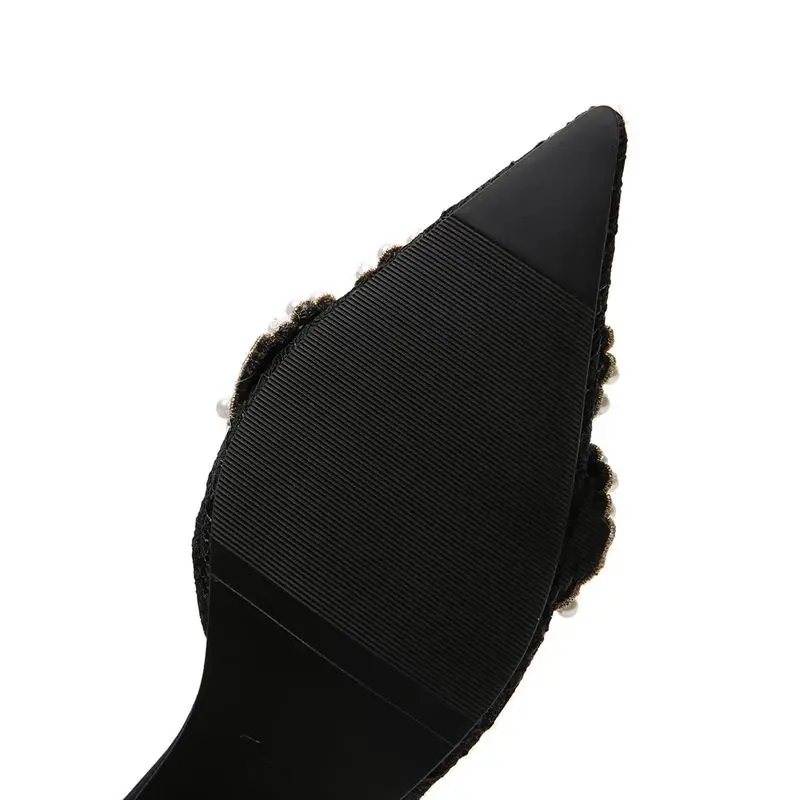 

Ladies Female Kitten Heels Mules Shoe Half slippers Women Pointed Toe Pumps Pearl High Heels Fashion Loafers Slip-on Shoes