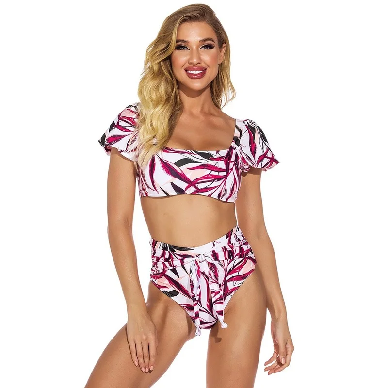 

2021 New Fashion Ladies Printed Swimsuit Sexy Tight Short-sleeved High-waist Split Swimsuit Swimsuit Bikini Set
