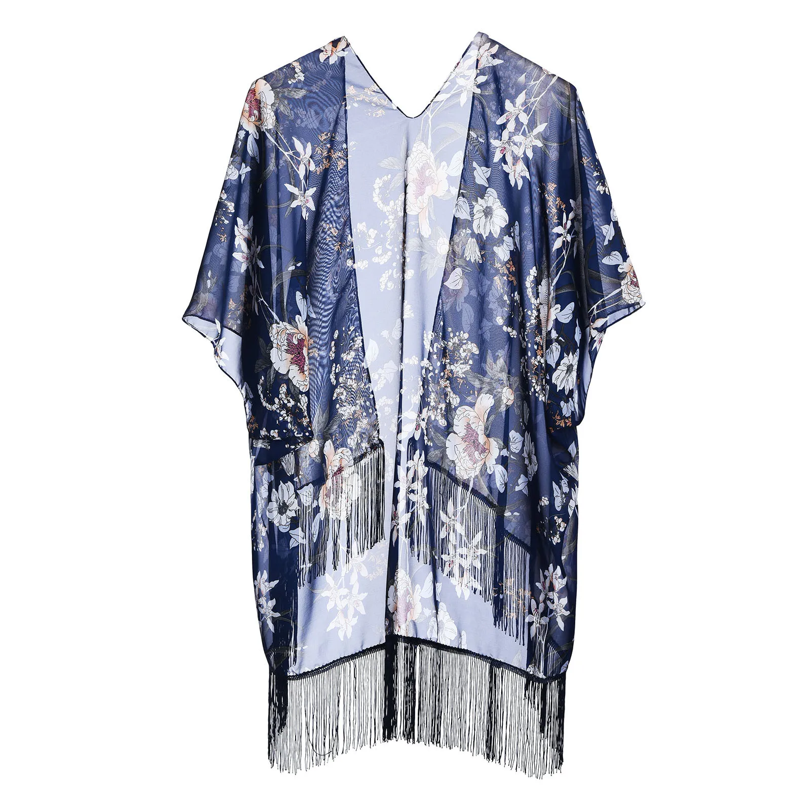 

Women Floral Print Chiffon Cardigan Fashion Bohemian Short Sleeve Loose Beach Tassel Blous Female Outdoor Sunscreen Top Blusa