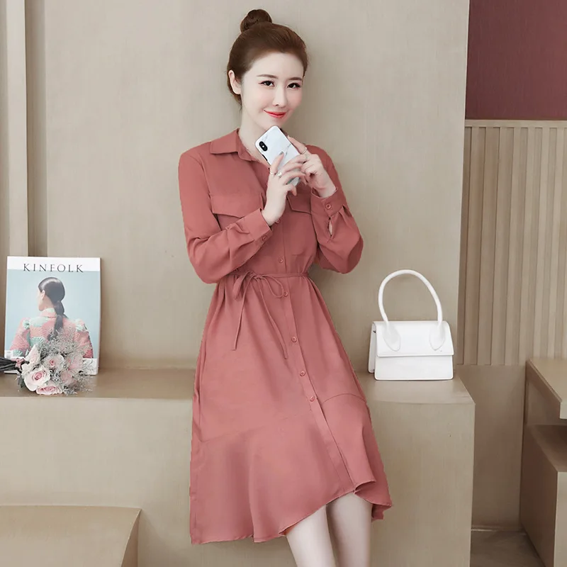 

2020 Autumn New Large Size Dress Elegant Loose Slimming Shirt Skirt Women's Mid-Length Dress Sexy Dress