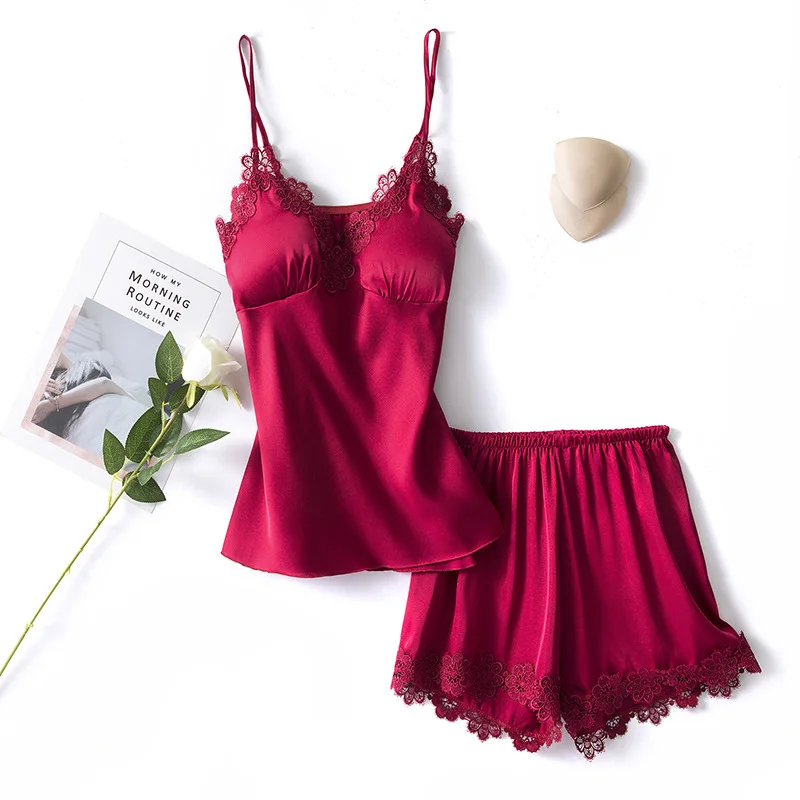 

Pajamas Two-piece Set with Chest Pad Lace Home Suit Clothes Simulation Lce Silk Female Spring Summer Casual Suspenders Shorts