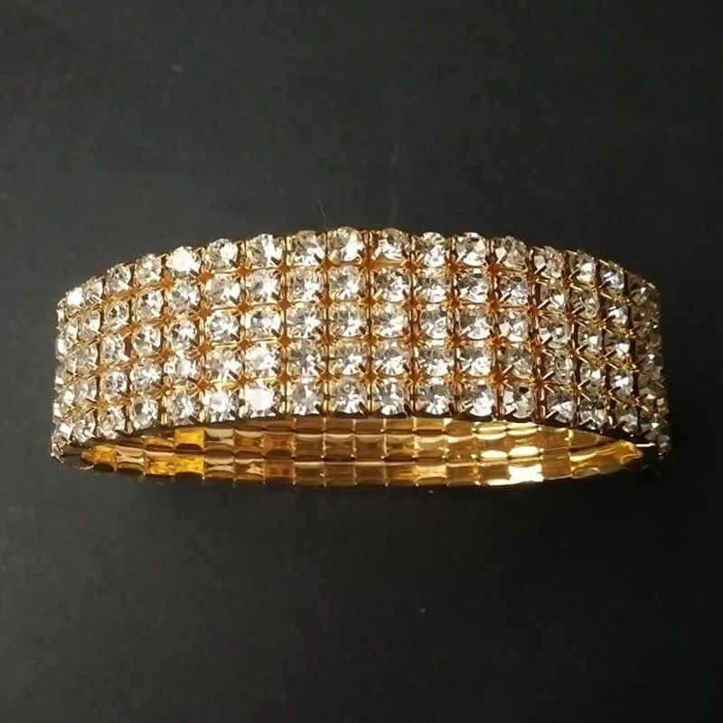 5 Rows Bridal Wedding Bangle Bracelet Silver Plated and Gold Color Round Dazzling Iridescent Rhinestone Stretch Bracelets | Украшения и