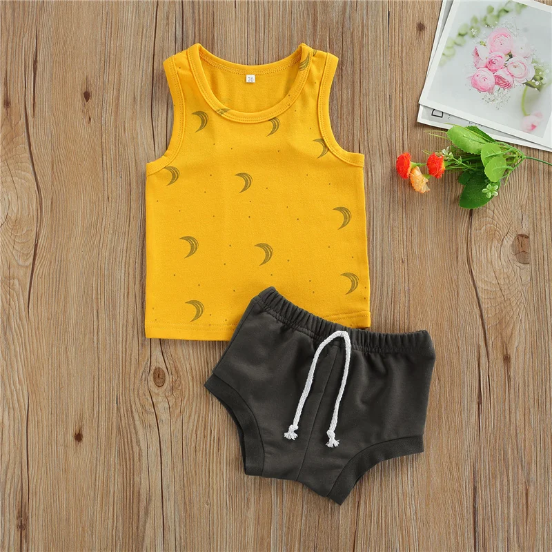 

2Pcs Casual Baby Boys Cotton Clothing Sets, Summer Toddlers Moon Star Printing O-Neck Sleeveless Vest+Shorts Set,0-24 Months
