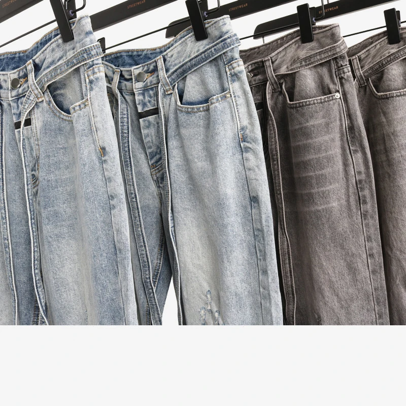 Мужские джинсы Ретро стиль потертые рваные с дырками в стиле рок длинный ремень