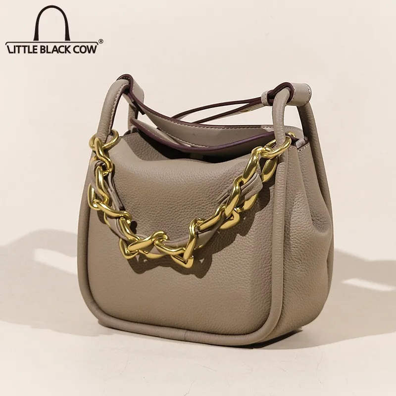 

Fashion Women Genuine Leather Chain Bucket Bags Elegant Party Office Lady Shoulder Crossbody Handbag Streetwear Solid Color Bags
