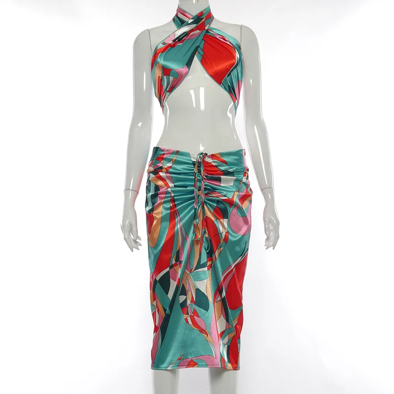 

Ladies Fashion New Women's 2021 Spring/Summer Personality Color Printing Sleeveless Halter Lace-Up Skirt Suit Women