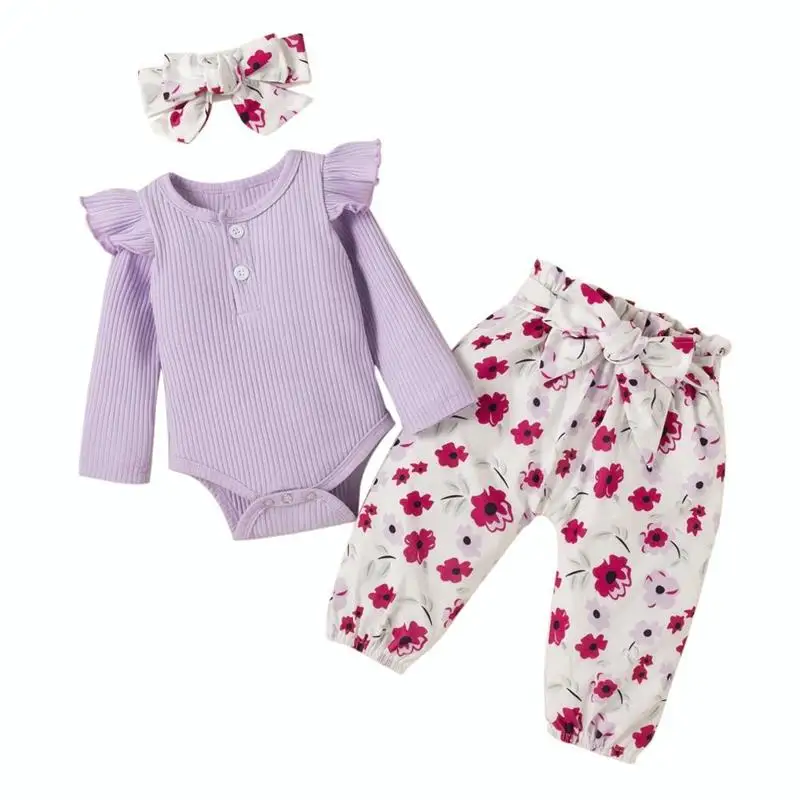 

3Pcs Newborn Baby Girl Clothes Set Fashion Autumn Long Sleeve Solid Color Romper Tops Pants Headband Infant Clothing Outfits