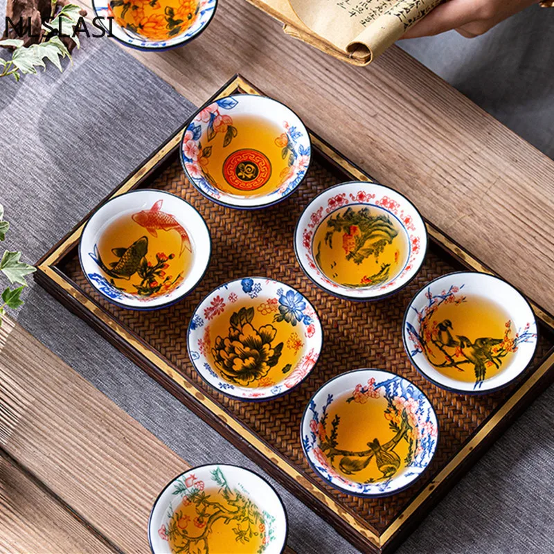 

6 pcs Handmade Qinghua Porcelain Tea Cup ChaZhan Anti Scaling Retro tea bowl Ceramic Multicolor Master Cup Personal Single Cup