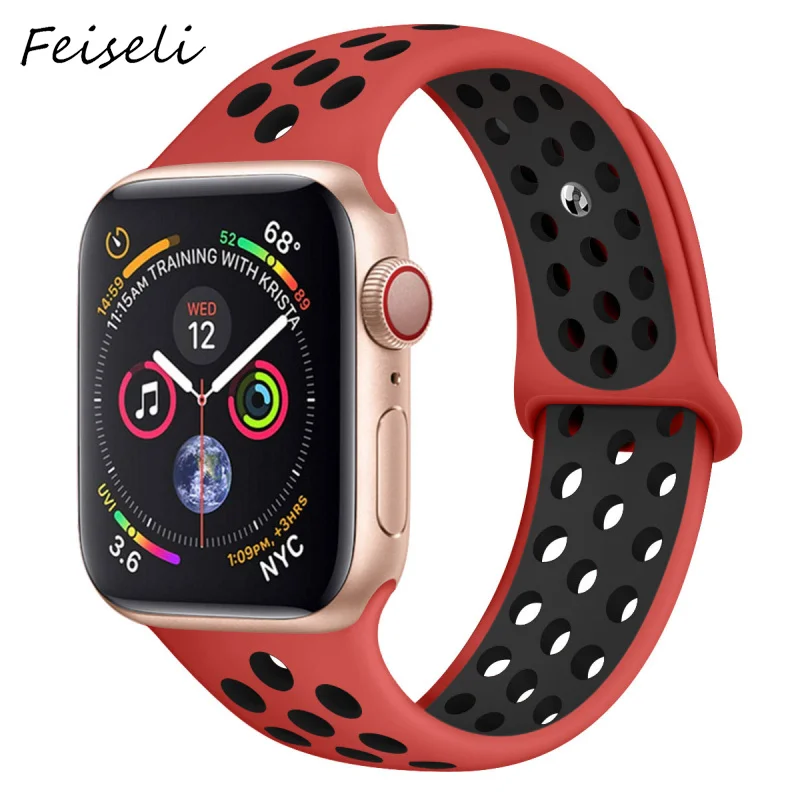 Feiseli для Apple Watch Band 1 2 3 4 5 Спортивные Мягкие силиконовые 38 мм 40 42 44 iwatch сменный