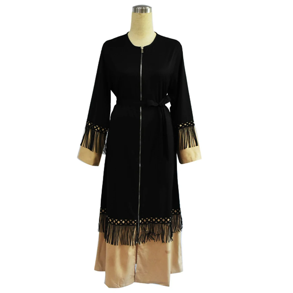 

New Vestidos Muslim Fashion Front Zipper Abaya Tassels Islamic Clothing Turkey Middle East Women Closed Abaya Dubai Robe Femme