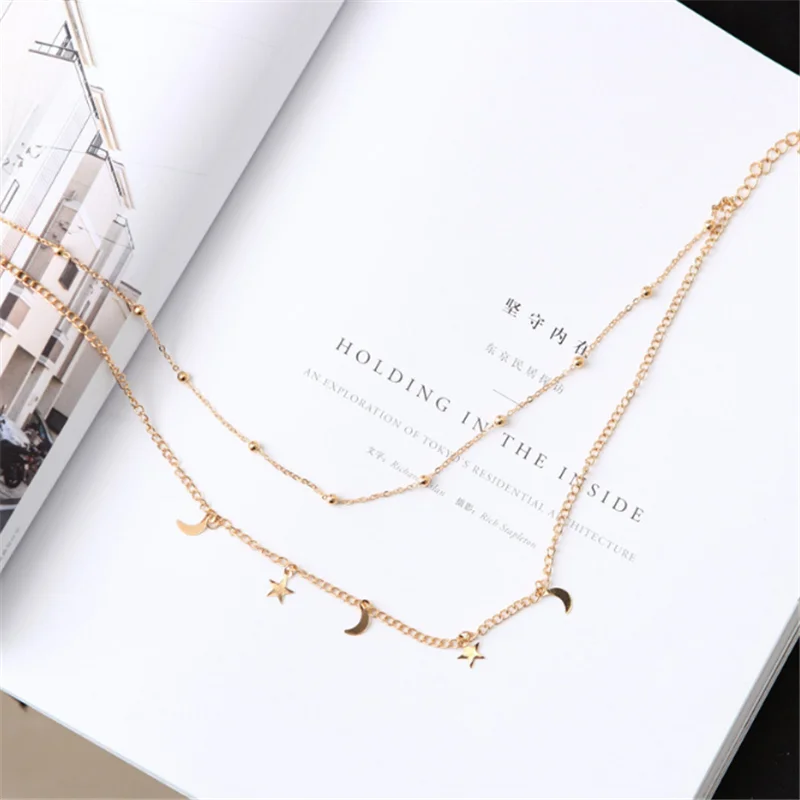 

Fashion Simple Temperament Double Moon Star Clavicle Chain Necklace Women's Wedding Prom Jewelry Valentine's Day Gift Wholesale