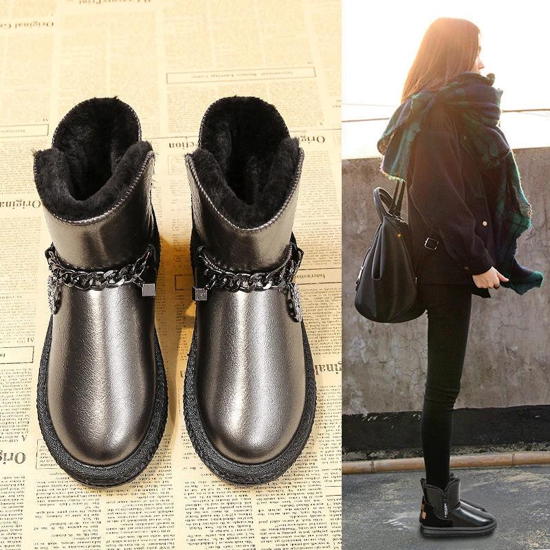 

Winter Women's Waterproof Snow Boots Warm Female Lady Casual Non-slip Thick Fur Flat Solid Color Cotton Shoes Side Zipper