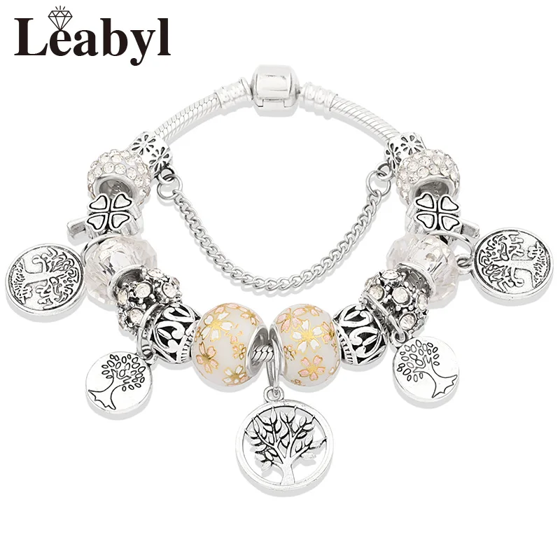L80829 White Stering 925 серебряных Древо жизни Мода шарик кастрюле браслет Зеленый Кристалл Цветочный листьев прелести кнопки и браслет pulsera - Окраска металла: L80829 White