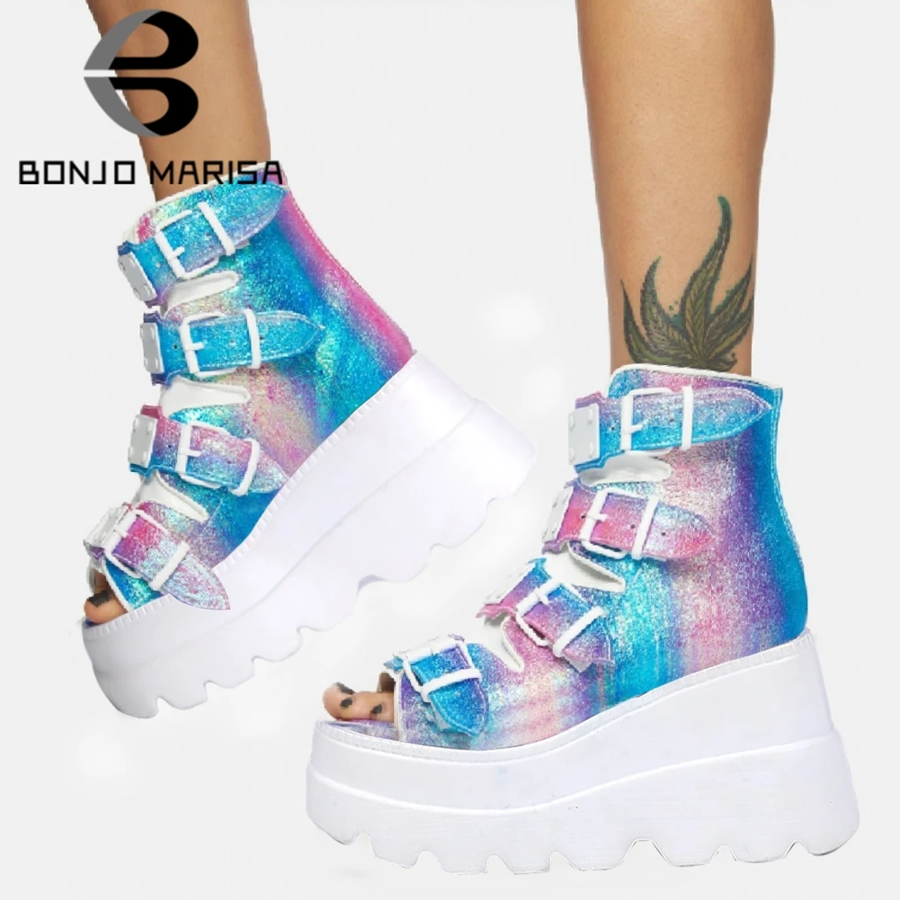 

BONJOMARISA Dropshipping Brand Platform OPen Toe Wedges Goth Ankle Boots Women Buckle Peep Toe Multicolor Summer Women Shoes