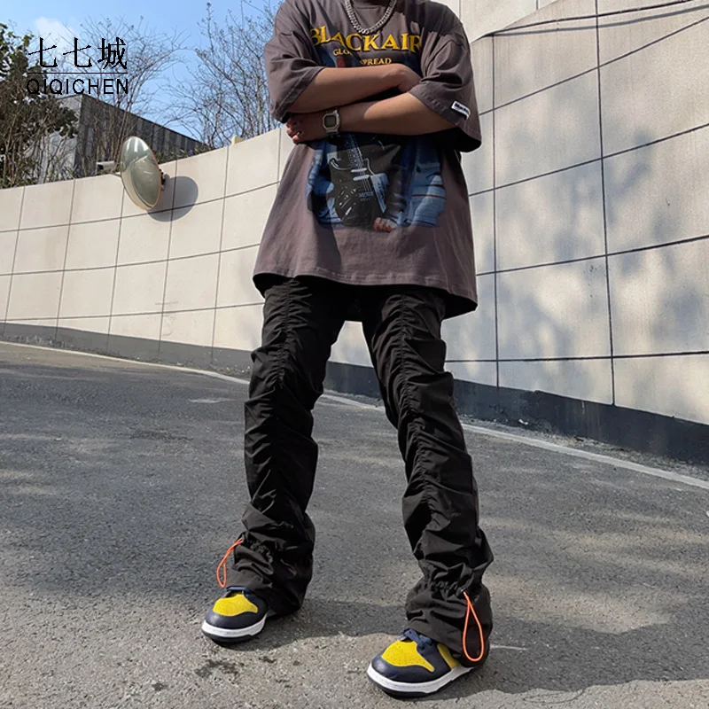 

Street Draswring Folds Pants Men American Streetwear Hip Hop Fold Accumulation Trousers Elastic Waist Casual Harajuku Pants