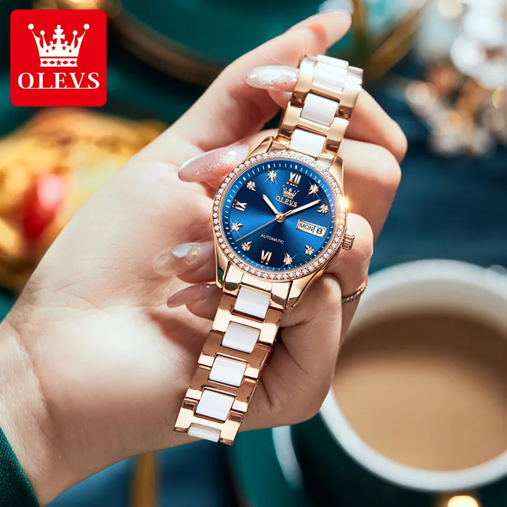 

OLEVS women watches bracelets set designer luxury waterproof automatic mechanical watch 18K gold blue ceramic diamond wristwatch