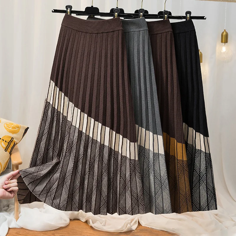 

Pleated Knitted skirts for women autumn winter new high waist midi long A-line pleated skirt large swing knitted skirt women