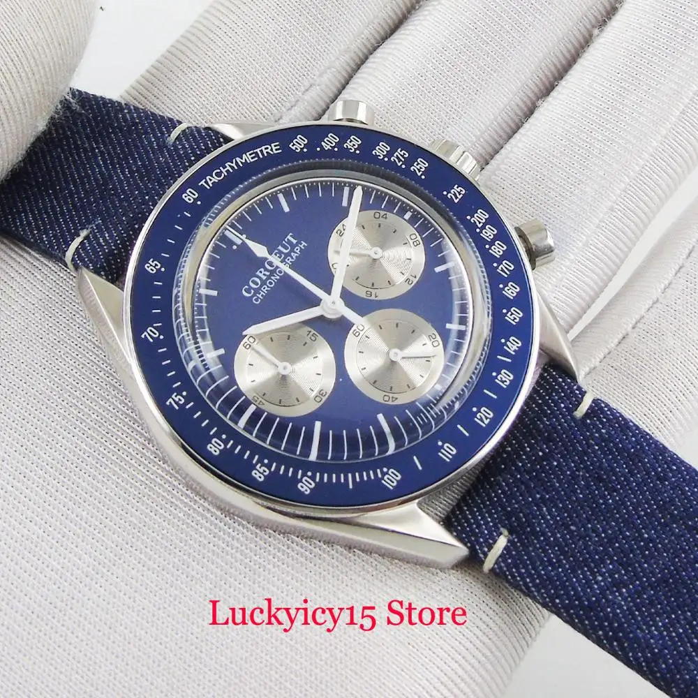 

Quartz Watch Men's Wristwatch 40mm Polished Watch Case Chronograph Function 24 Hours Blue Dial