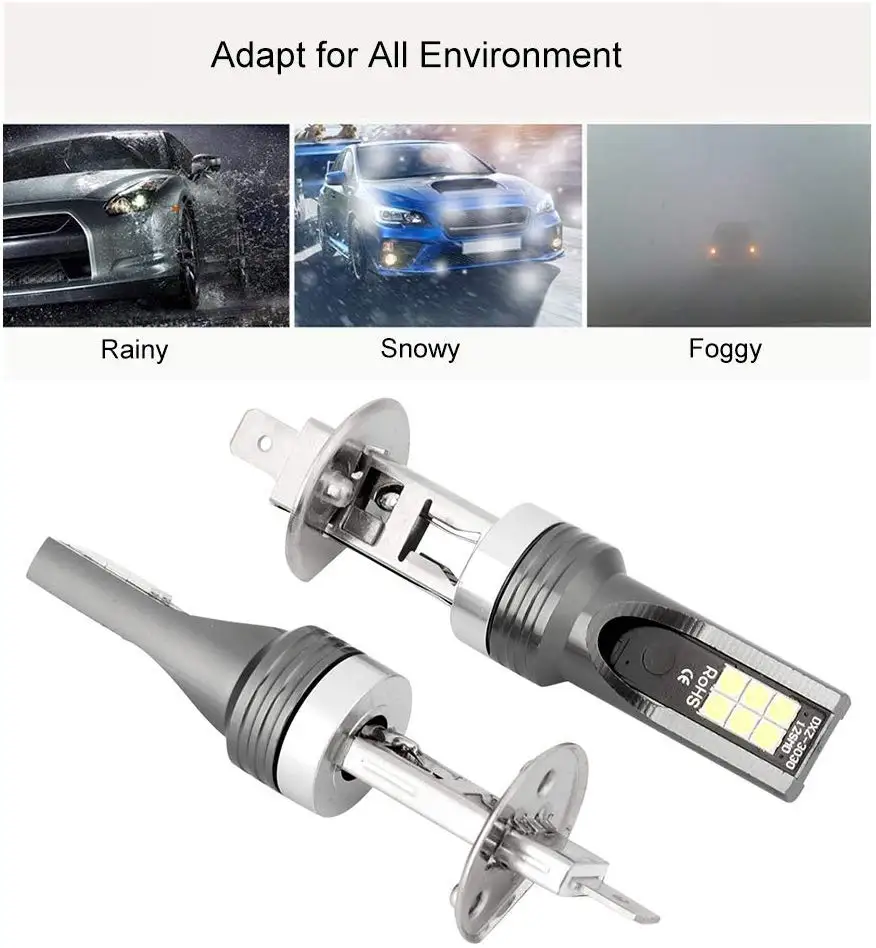Kit 2 Pcs Powerful 60W Car H1 H3 LED Fog Lights Bulbs 12 SMD 3030 Chips with Projector Super Bright Fog Lamp DRL 2000 Lumens