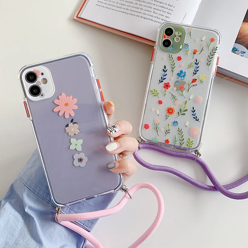 

Cute Flower Lanyard phone case For iPhone 12 11Pro Max XR XS Max 7 8 Plus X SE2020 Clear Soft Silicone Cover With Crossbody rope