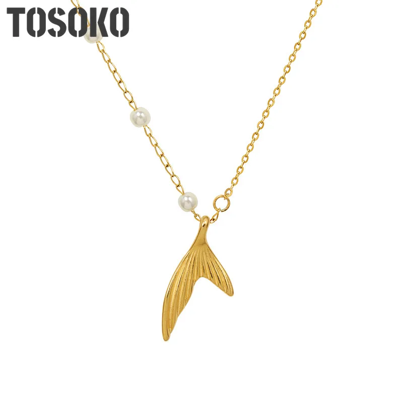 

TOSOKO Stainless Steel Jewelry Pearl Fshtail Pendant Necklace Female Excellent Elegant Clavicle Chain BSP1039