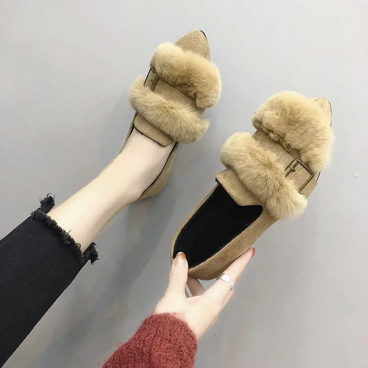 Известный бренд обувь на меху норки женская плоской подошве с острым носком