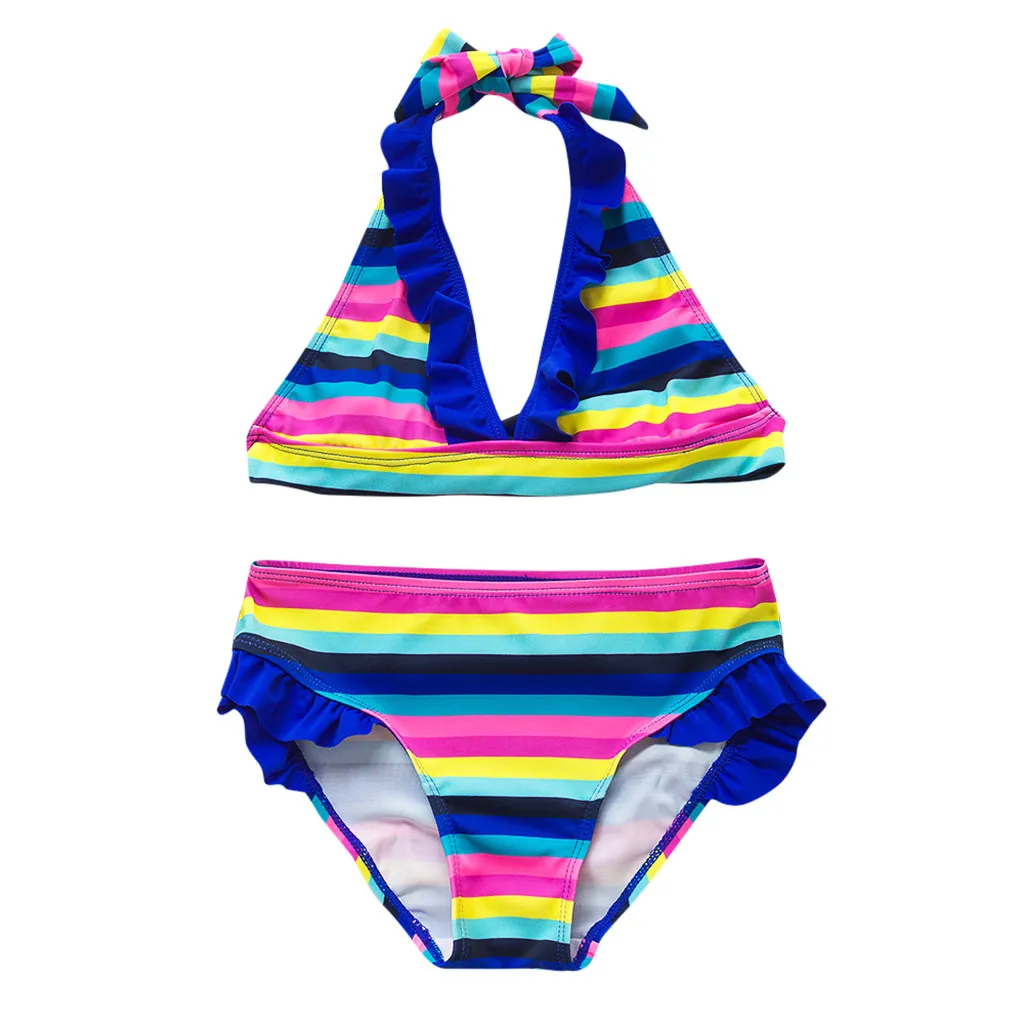 

Girls swimwear summer hot style sleeveless ruffle rainbow striped split swimsuit bikini stripe suit two-piece swimsuit