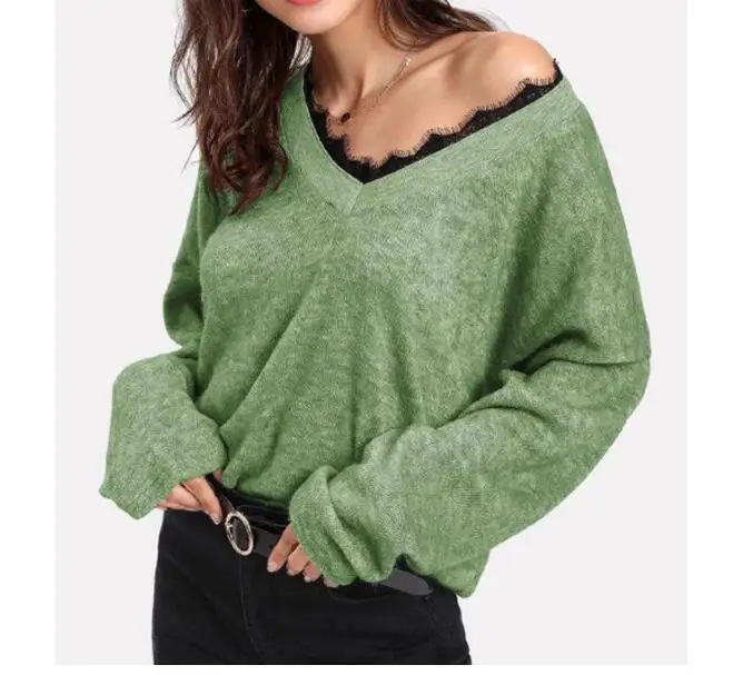 V Neck Sexy Shoulder Sweaters Spring Long Sleeve Lace Tops Female Casual Jumper Streetwear Loose Sweater Pullover | Женская одежда