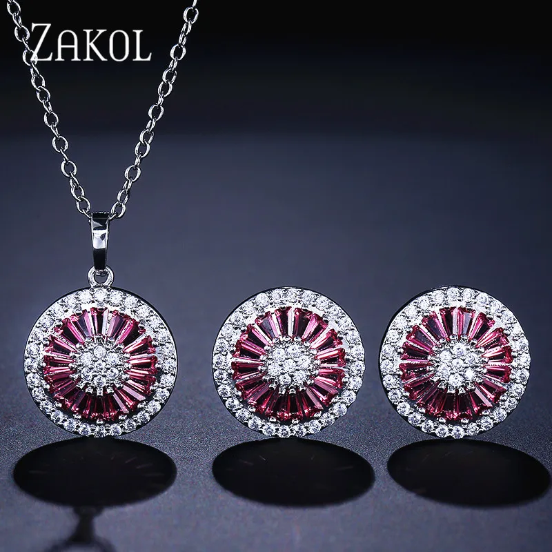 Red 2 Pcs Set ZAKOL высокое качество CZ Кристалл Женская мода ювелирные изделия блестящий круглый кубический циркон ожерелье серьги кольцо ювелирные изделия для невесты набор FSSP2013 - Окраска металла: Red 2 Pcs Set