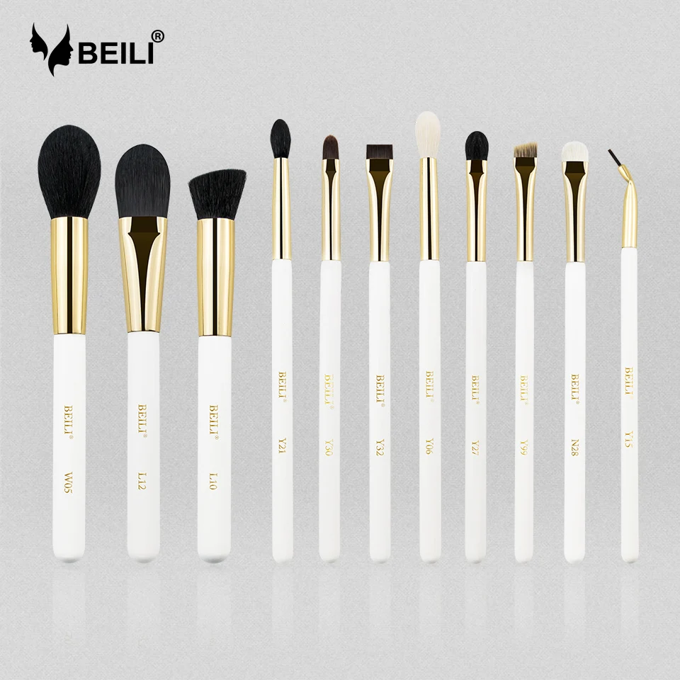 BEILI 11 шт. жемчужные белые золотые XGF козья шерсть макияж кисти набор Хайлайтер для лица краска для бровей Тени для век Кисть Новинка