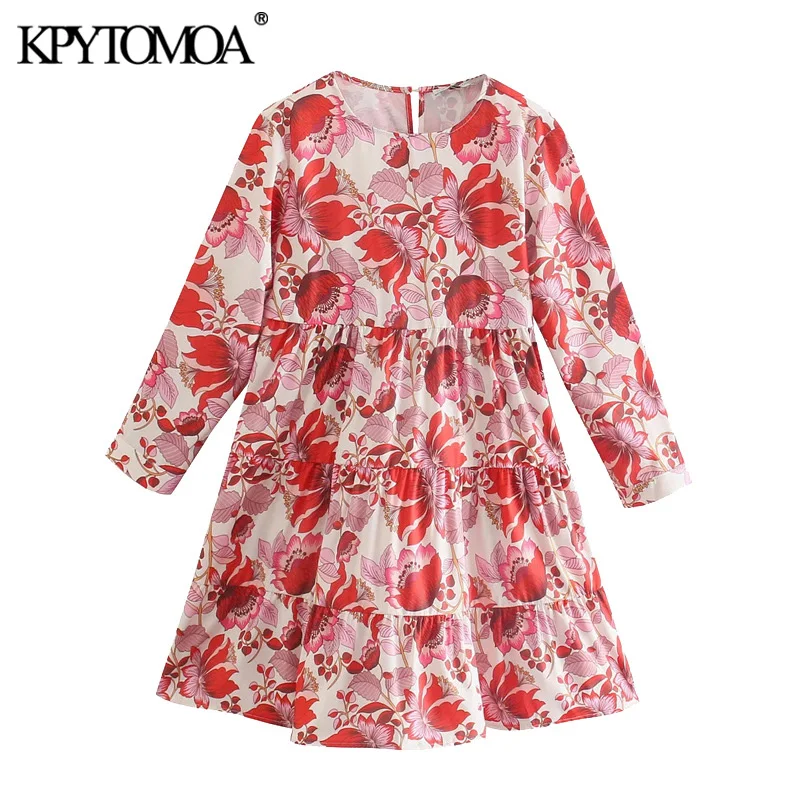 

KPYTOMOA Women 2021 Chic Fashion Floral Print Ruffled Mini Dress Vintage O Neck Three Quarter Sleeve Female Dresses Vestidos