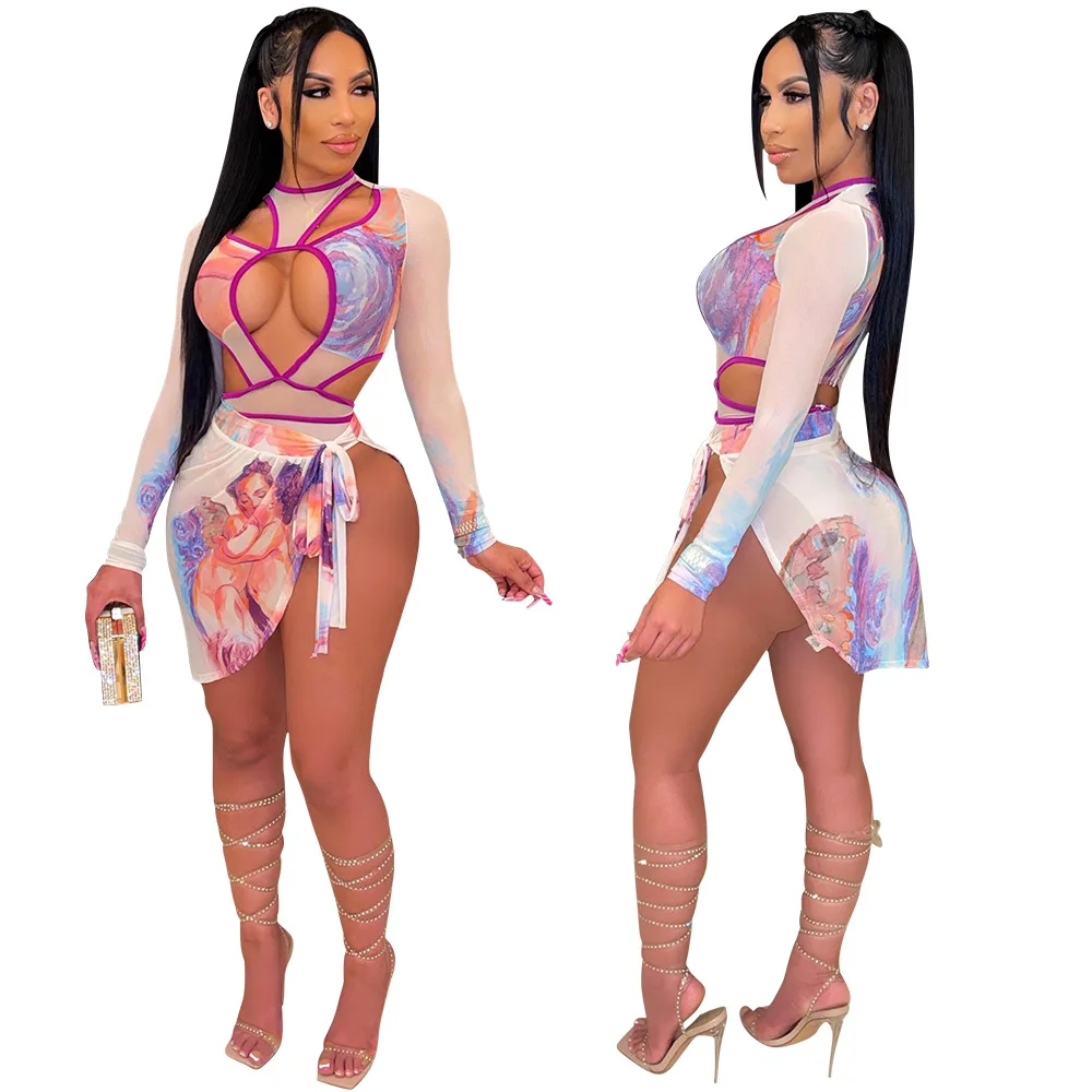 

Women Set Print Mesh Long Sleeve Hollow Out Bodysuit Badnage Skirts Two Piece Sets Sexy Clubwear Autumn 2021