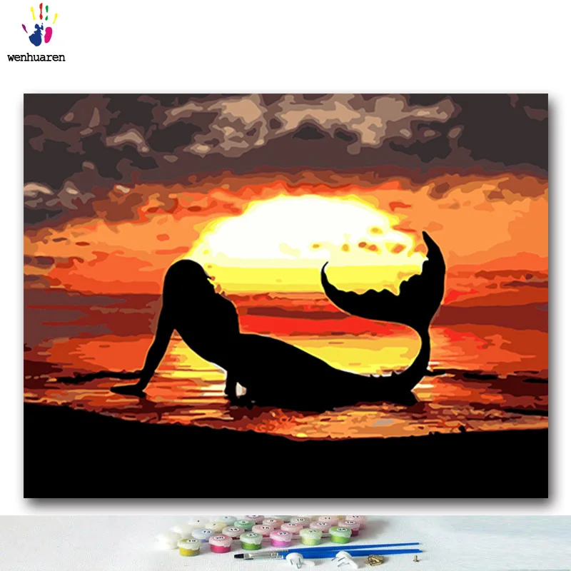 DIY картинки для раскраски по номерам с colorsMermaid смотреть закат картина Рисование по номерам в рамке дома - Цвет: 100138