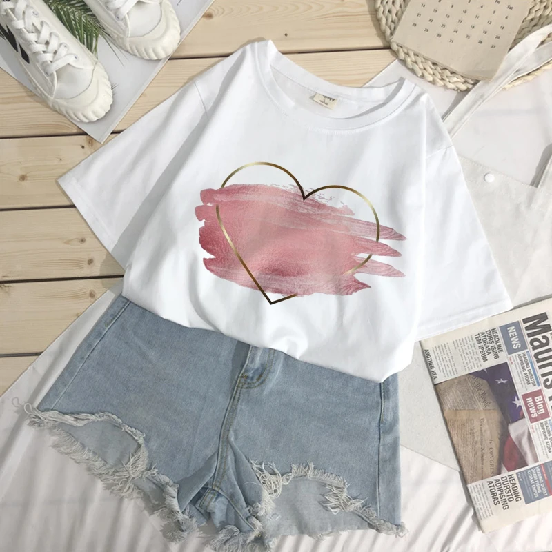 

Fashion Heart Flower Print Ladies T-shirts Ladies Casual O-neck Summer Short Sleeve Women T-shirt 90s Harajuku Tee Top Clothing