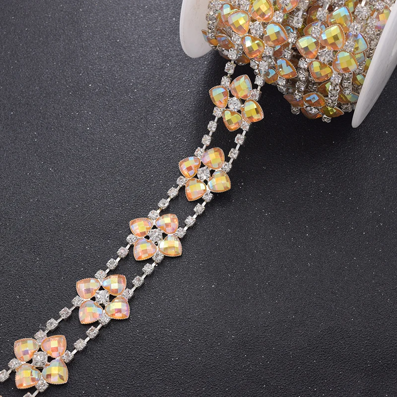 

5yards yellow AB resin flower 3cm chain crystal rhinestone applique wedding dress belt garment sew on patches decorations DIY