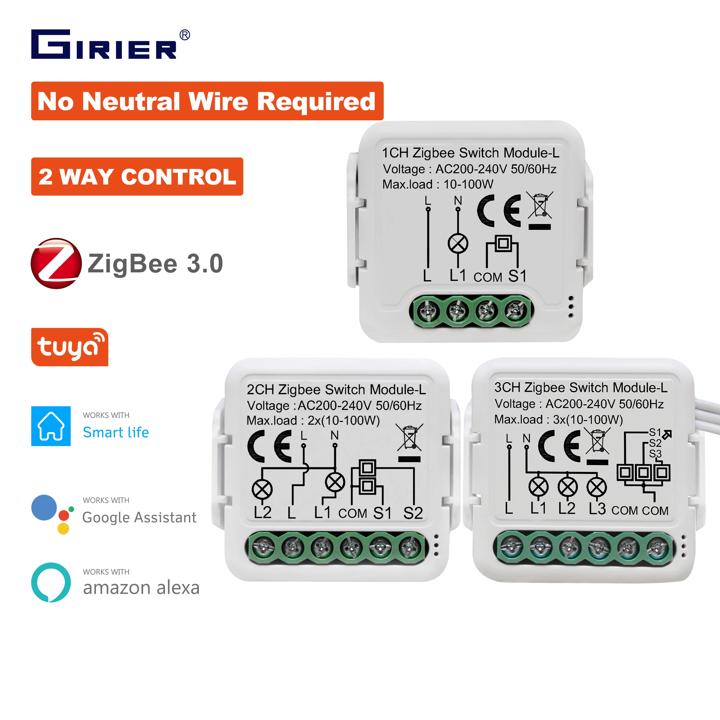 GIRIER Tuya ZigBee 3.0 Smart Light Switch Module 10A No Neutral Wire Required Works with Alexa Google Home Support 2 Way Control