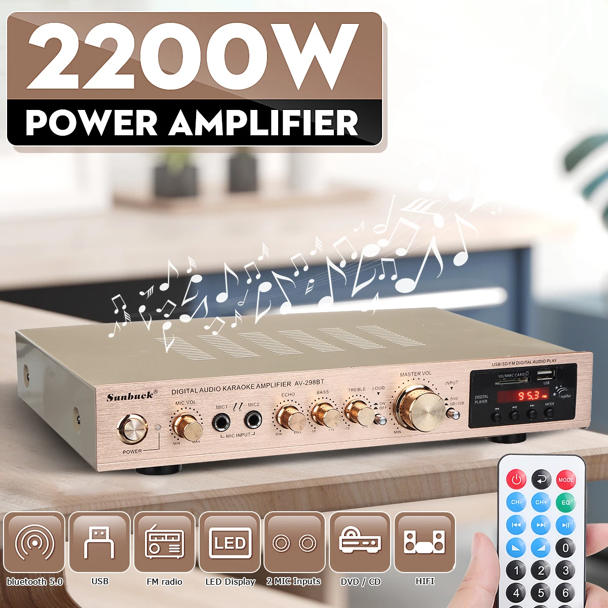 

bluetooth 5 Channel FM 2200W 220V Amplifier with Remote Control Support SD MMC USB LCD Display Audio HiFi Amplifiers