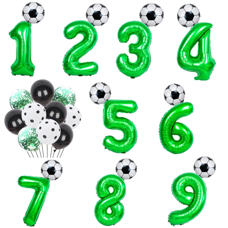 

1set Soccer Football Foil Balloons 32inch Green Number Balls baby Boy 1 2 3 Year Birthday Party decorations Kids Toys Air Globos