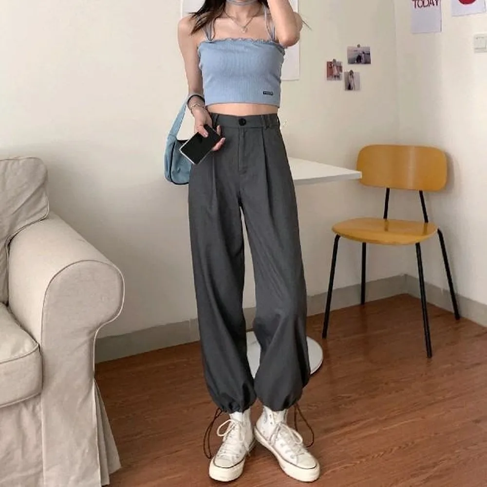 

Wide-leg Pants Women Plus Size 4XL Full Length Fall Fashion Harajuku Korean High Waist Chic Leisure Trousers Solid New Trendy