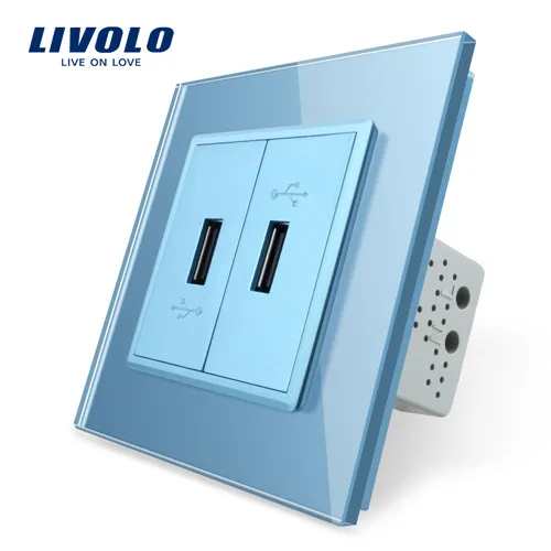 Double USB socket Livolo Роскошный настенный сенсорный датчик переключатель, выключатель света, выключатель питания, Хрустальное стекло, розетка питания, многофункциональные розетки, бесплатный выбор - Цвет: Double USB socket