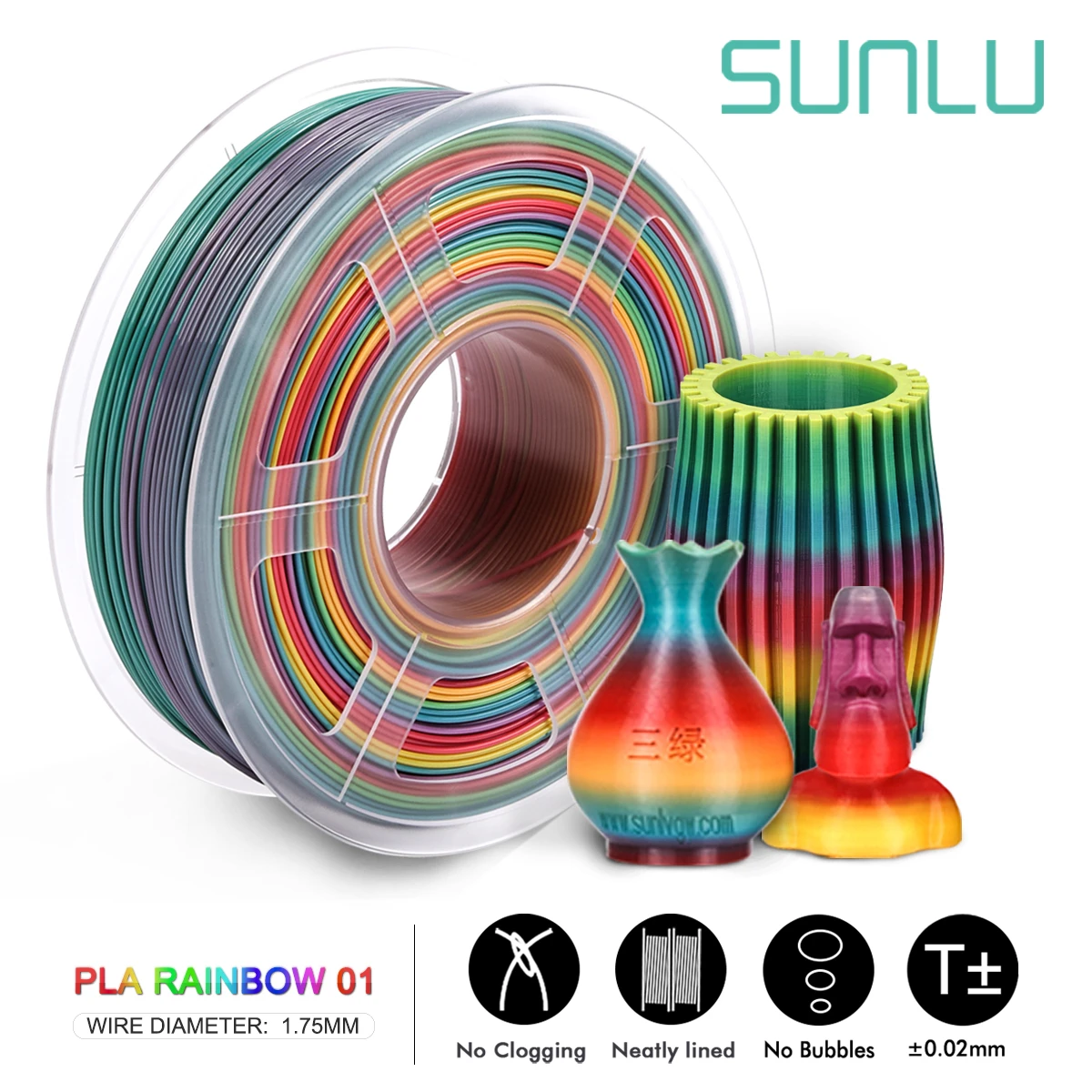 

Нить PLA SUNLU для 3D-принтера, нить PLA, радужные материалы, 3D нити 1,75 мм, 1 кг, точность измерения +/-0,02 мм