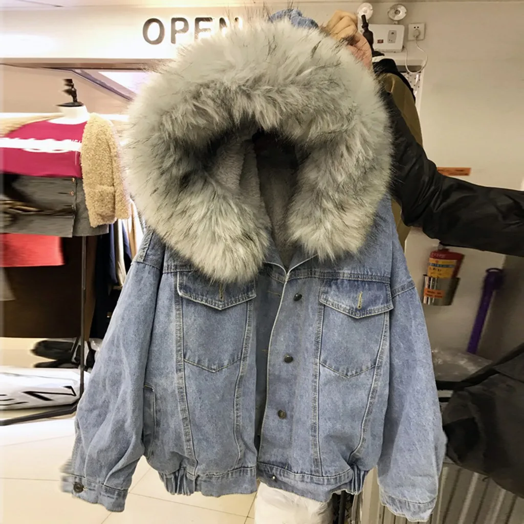 SAGACE Velvet Thick Denim Jacket Female Winter Big Fur Collar Korean Locomotive Lamb Coat Student Short High Quality | Женская одежда