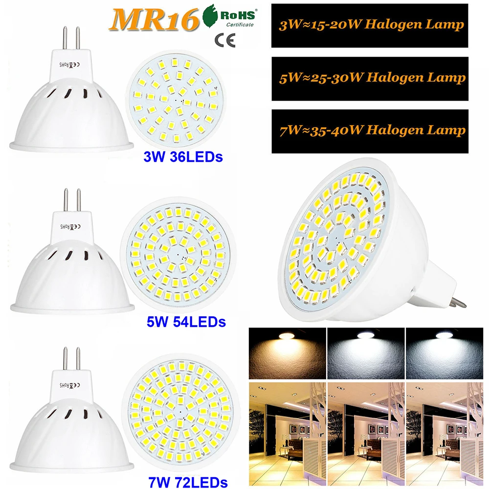 MR16 светодиодный светильник лампы Точечный 3 Вт/5 Вт/7 Вт AC/DC12V 24V AC110V/AC220V теплый